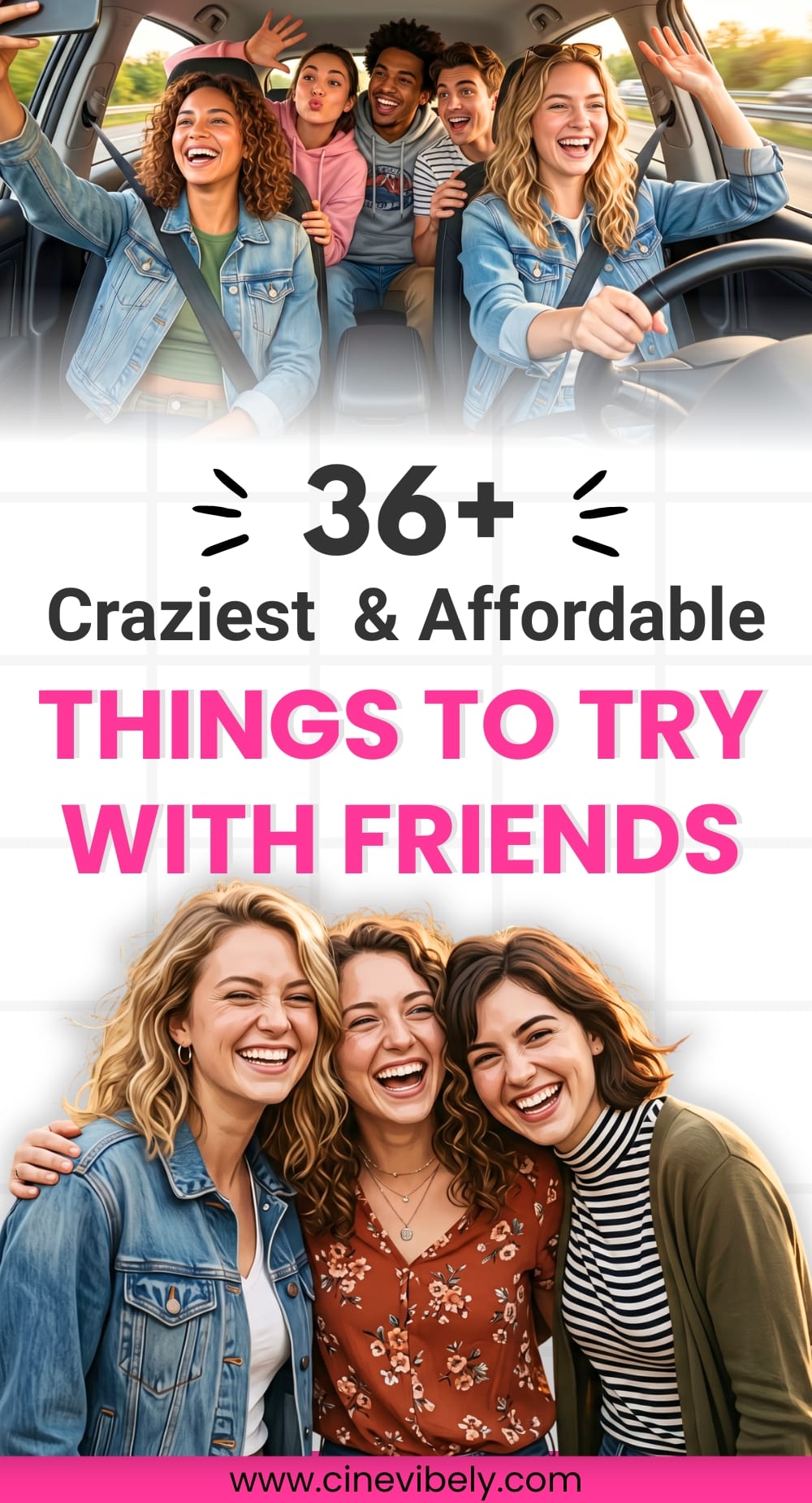 Group of American friends laughing together while riding a car and doing crazy things