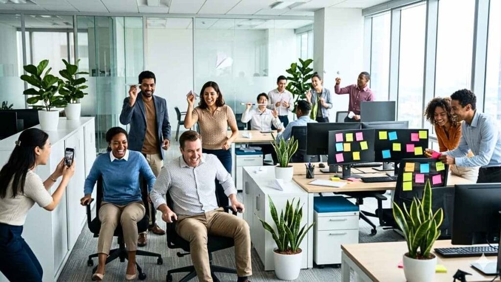 employees enjoying funny office games and bets