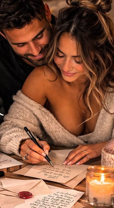 A romantic moment of couple exchange love letters