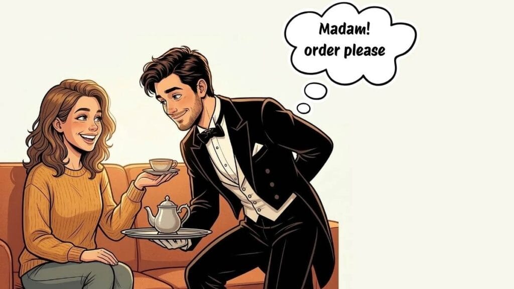 A couple exchange their roles as hotel staff and guest.