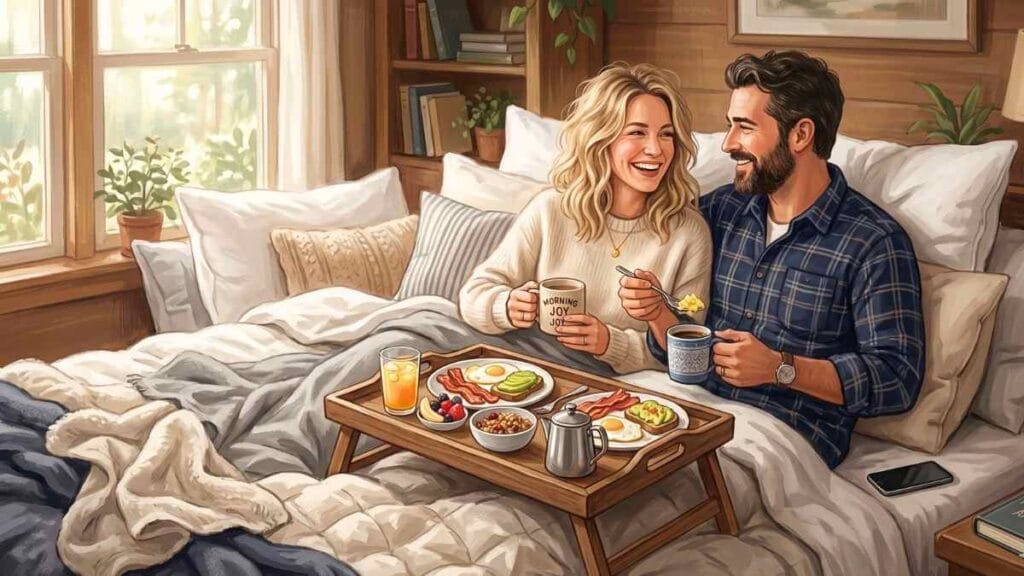 couple enjoying breakfast in bed - bedroom bucket list for couples