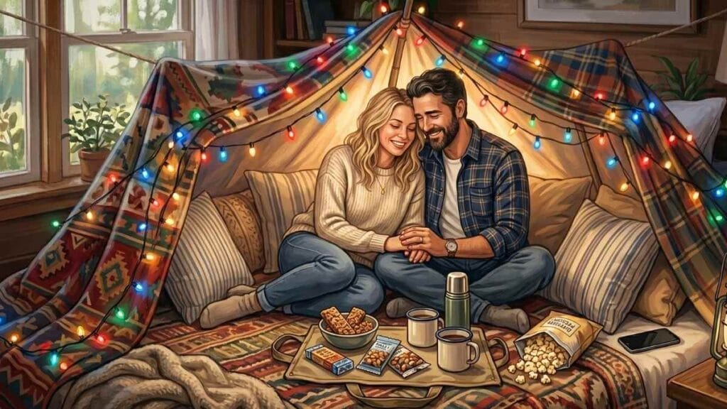 Couple enjoying a indoor camping experience by using blankets and pillows