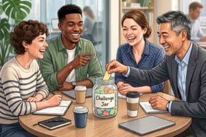 Co-workers enjoying funny bets and games