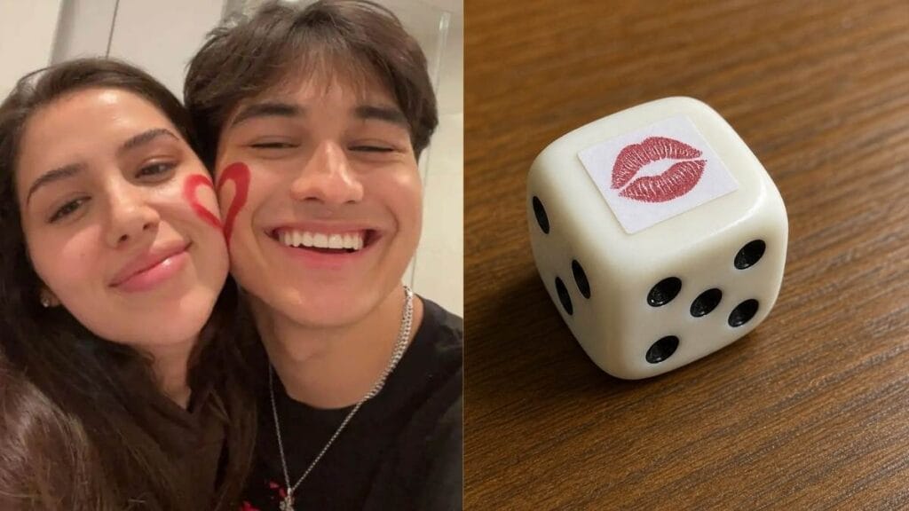 Happy couple laughing while engaging in fun dice game  