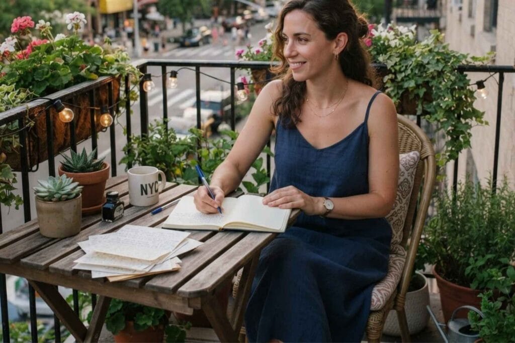 A woman writing while sitting in her balcony