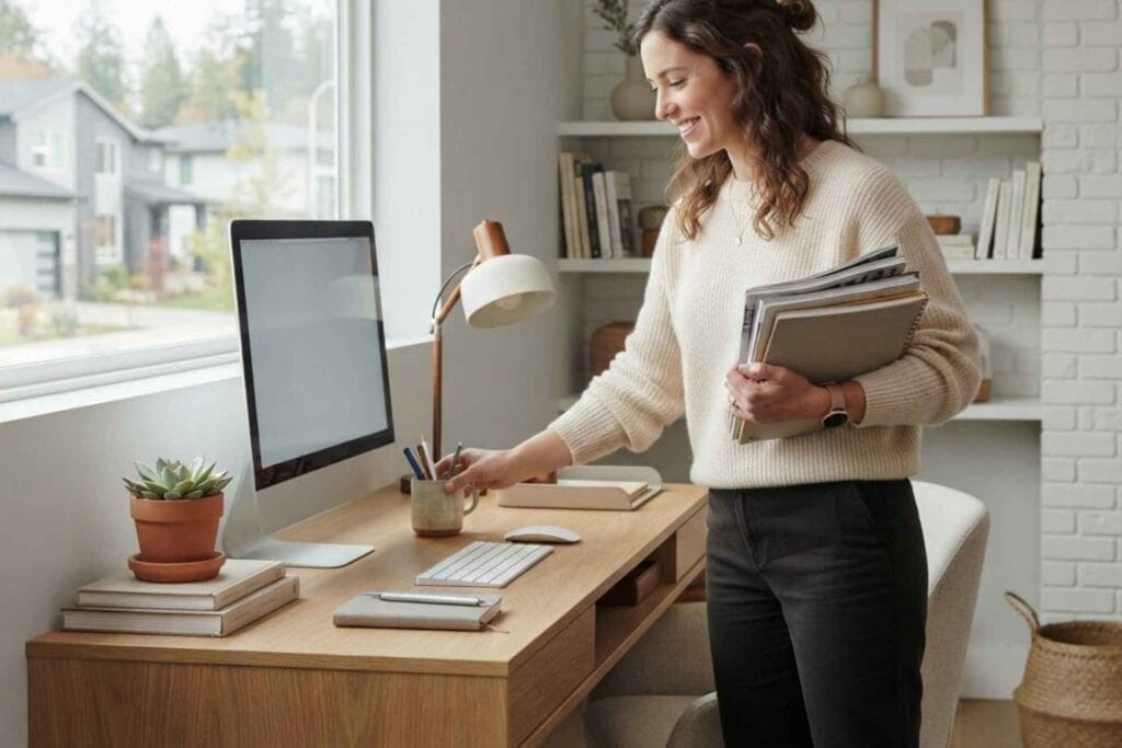 A Woman organizing her desk