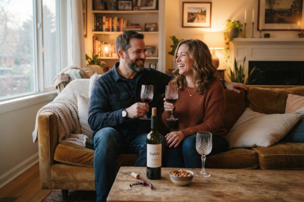 American couple enjoying wine