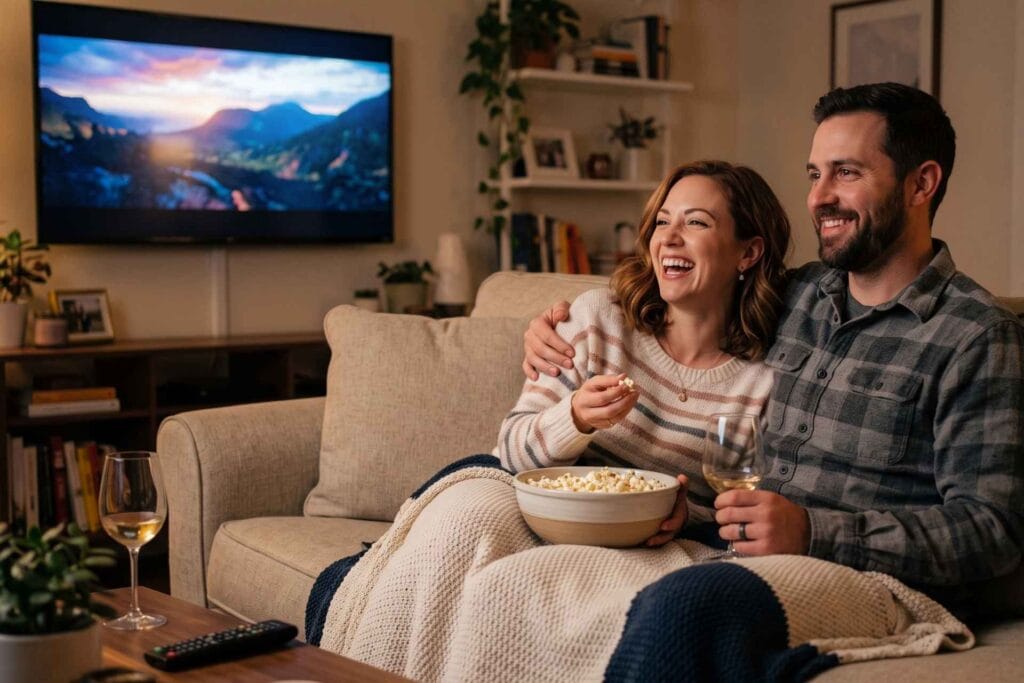 Couple having fun while watching a movie