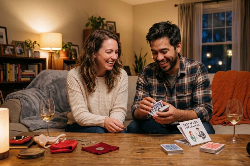 Happy couple playing magic tricks as a fun activity
