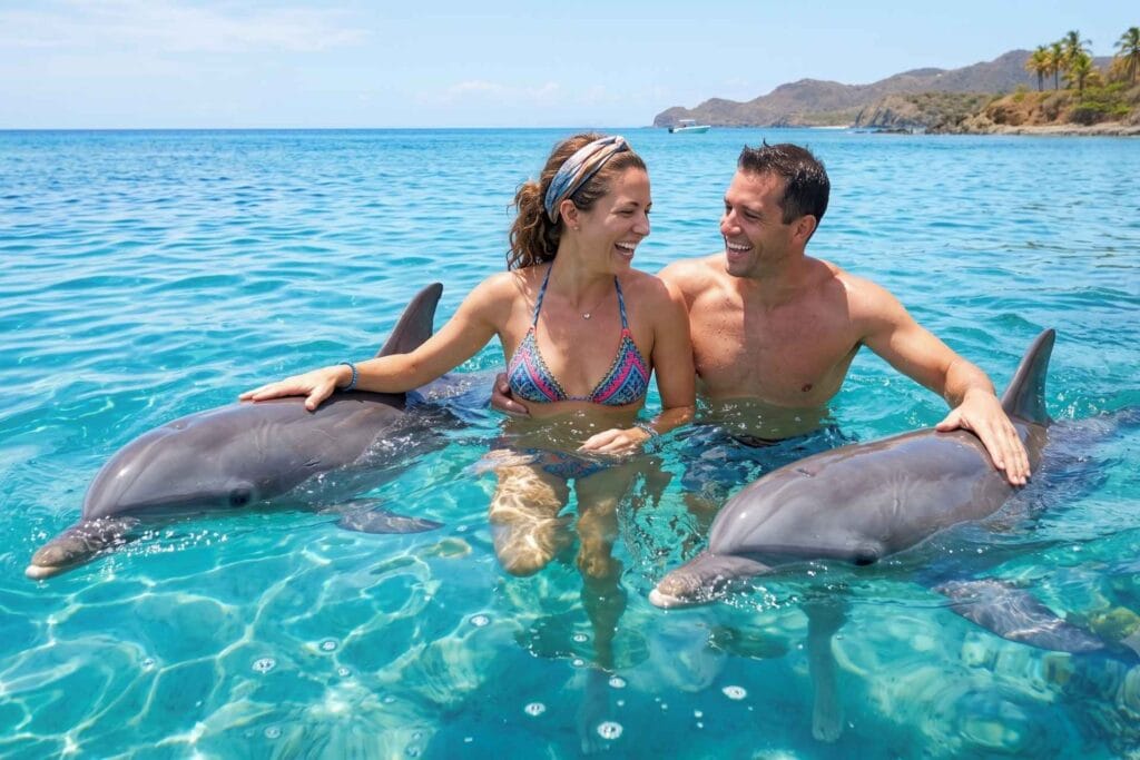 Couple enjoying while swimming with Dolphins