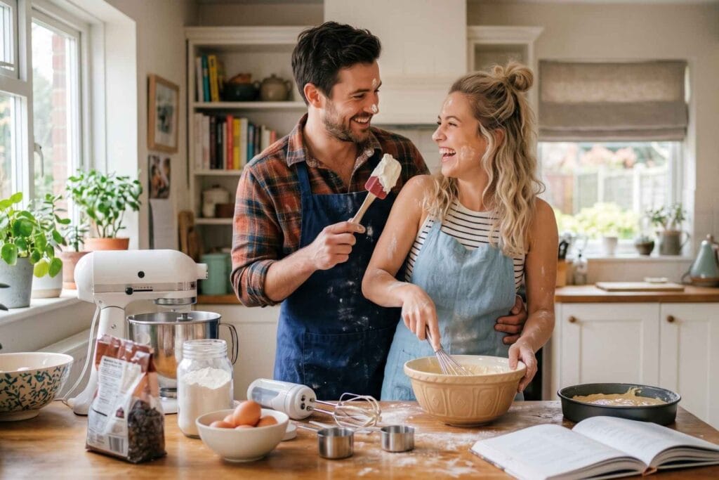 Couple making fun while baking a cake together 