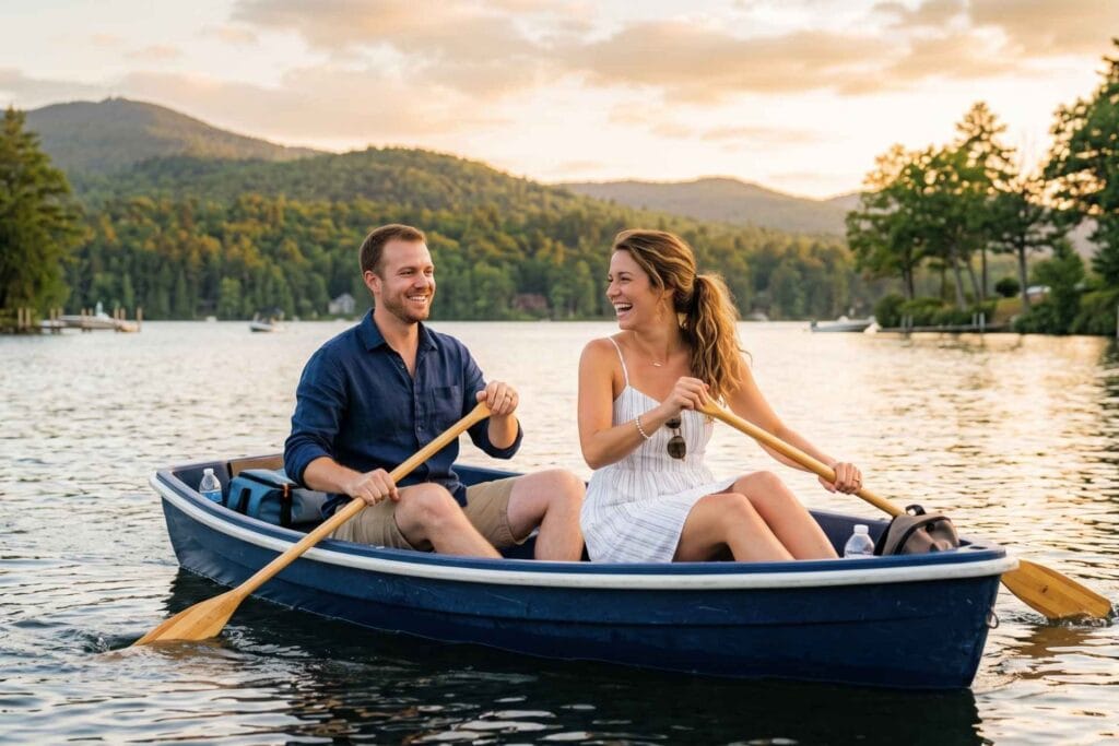 Couple enjoying paddle boat riding