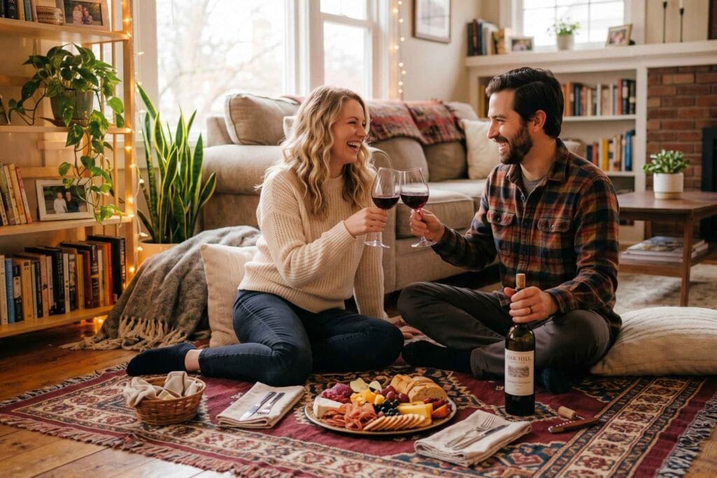 Couple engaging in indoor picnic