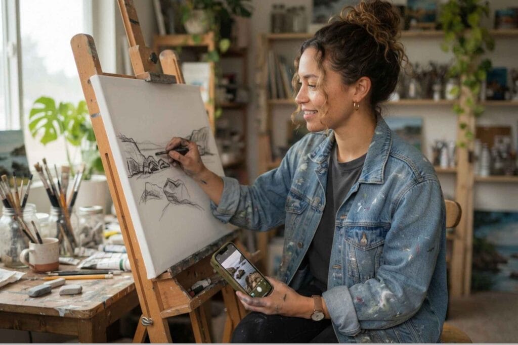 A woman sketching nature picture